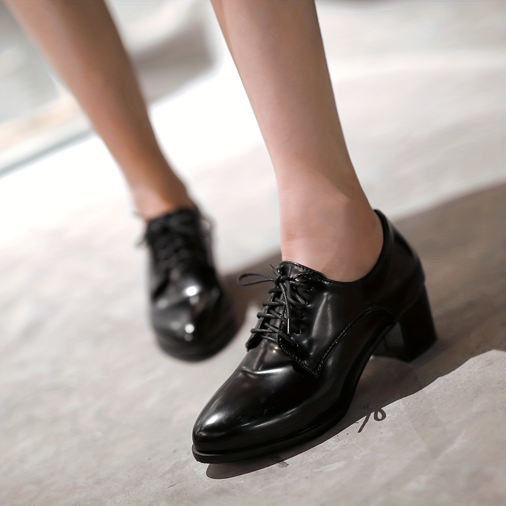 Women s Chunky Heels Pointed Toe Lace Faux Leather Shoes details 0