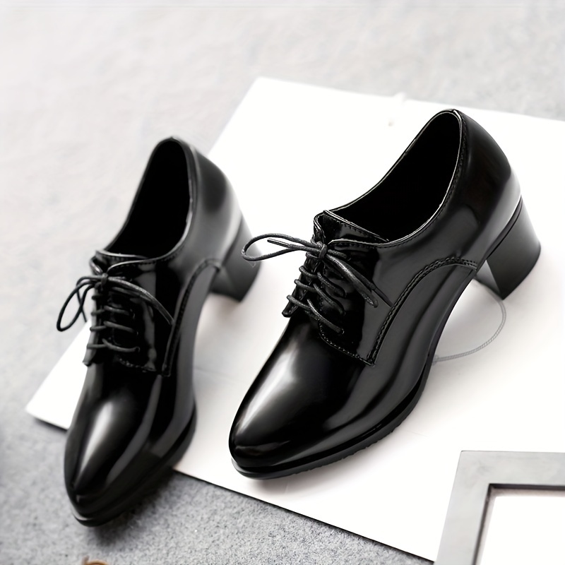 Women s Chunky Heels Pointed Toe Lace Faux Leather Shoes details 1