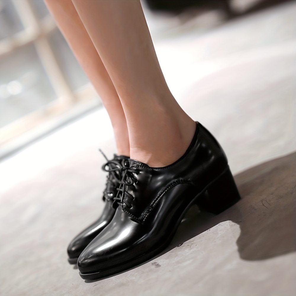 Women s Chunky Heels Pointed Toe Lace Faux Leather Shoes details 2