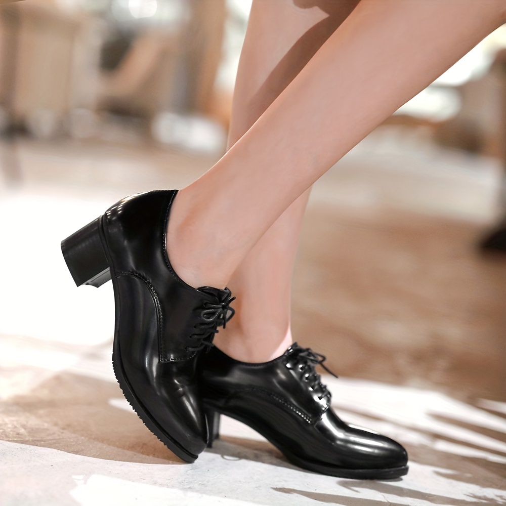 Women s Chunky Heels Pointed Toe Lace Faux Leather Shoes details 3